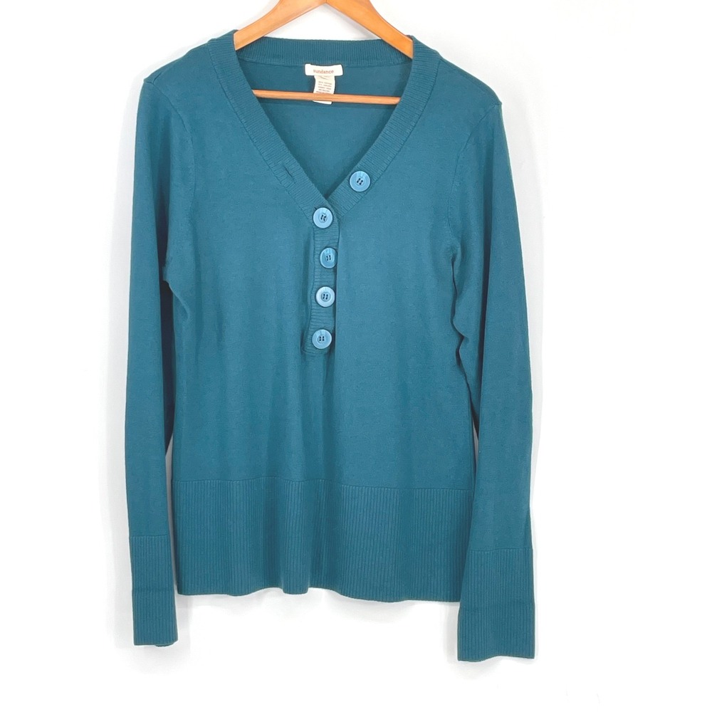 Sundance Women Sweater XL‎ Henley Teal Cotton Angora Rabbit Hair Knit Boho